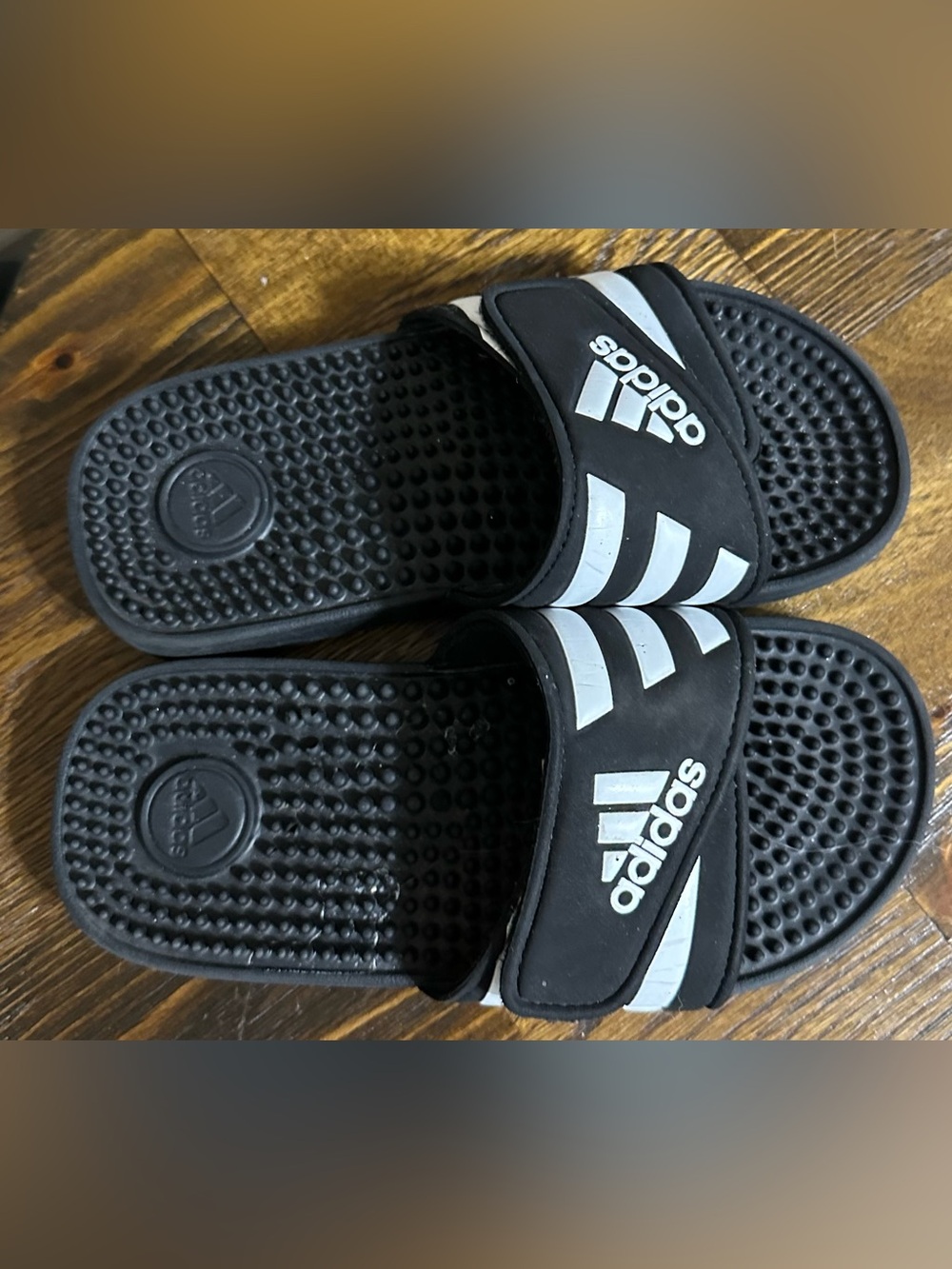 adidas Black Slide Sandals with White Stripe Accents - Kids